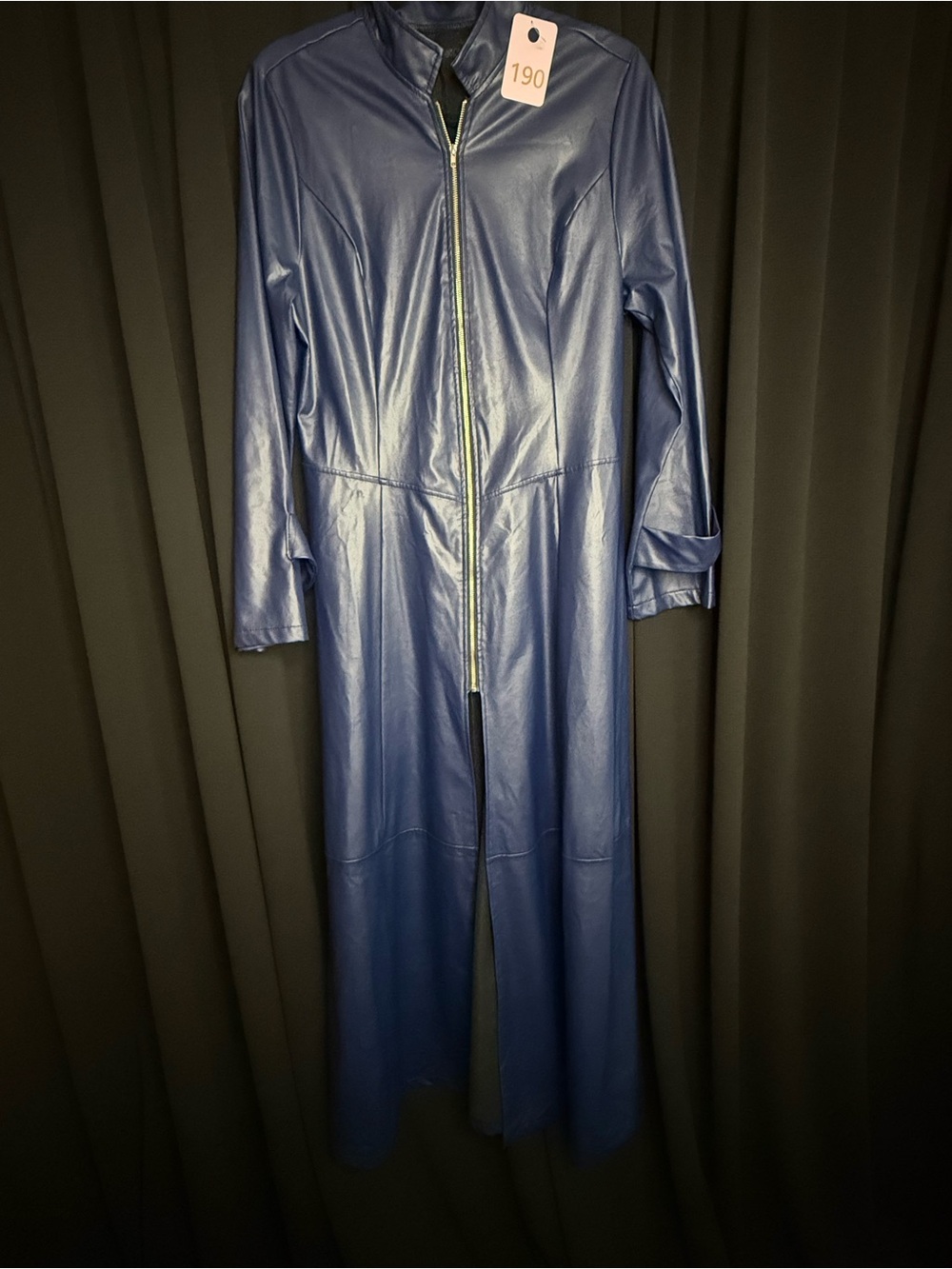 Long Blue Faux Leather Zip-Front Women's Jacket